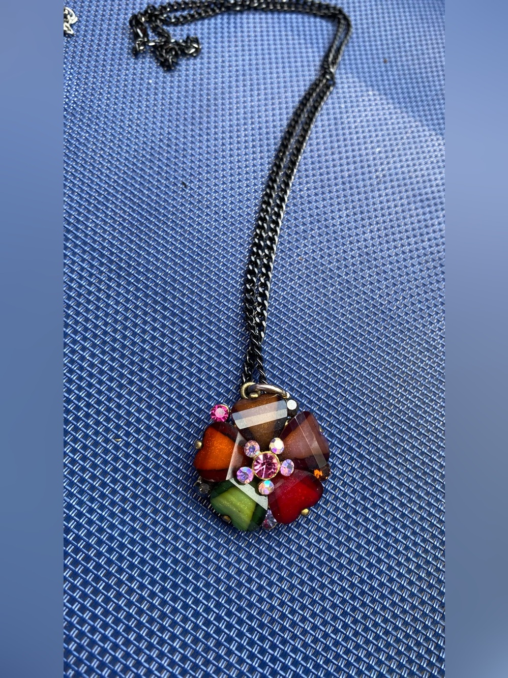 Multicolor Crystal Petal Pendant Necklace - Black Chain